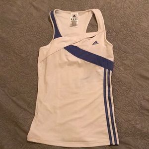 Adidas Razorback Tank with built in bra, white and blue, size small